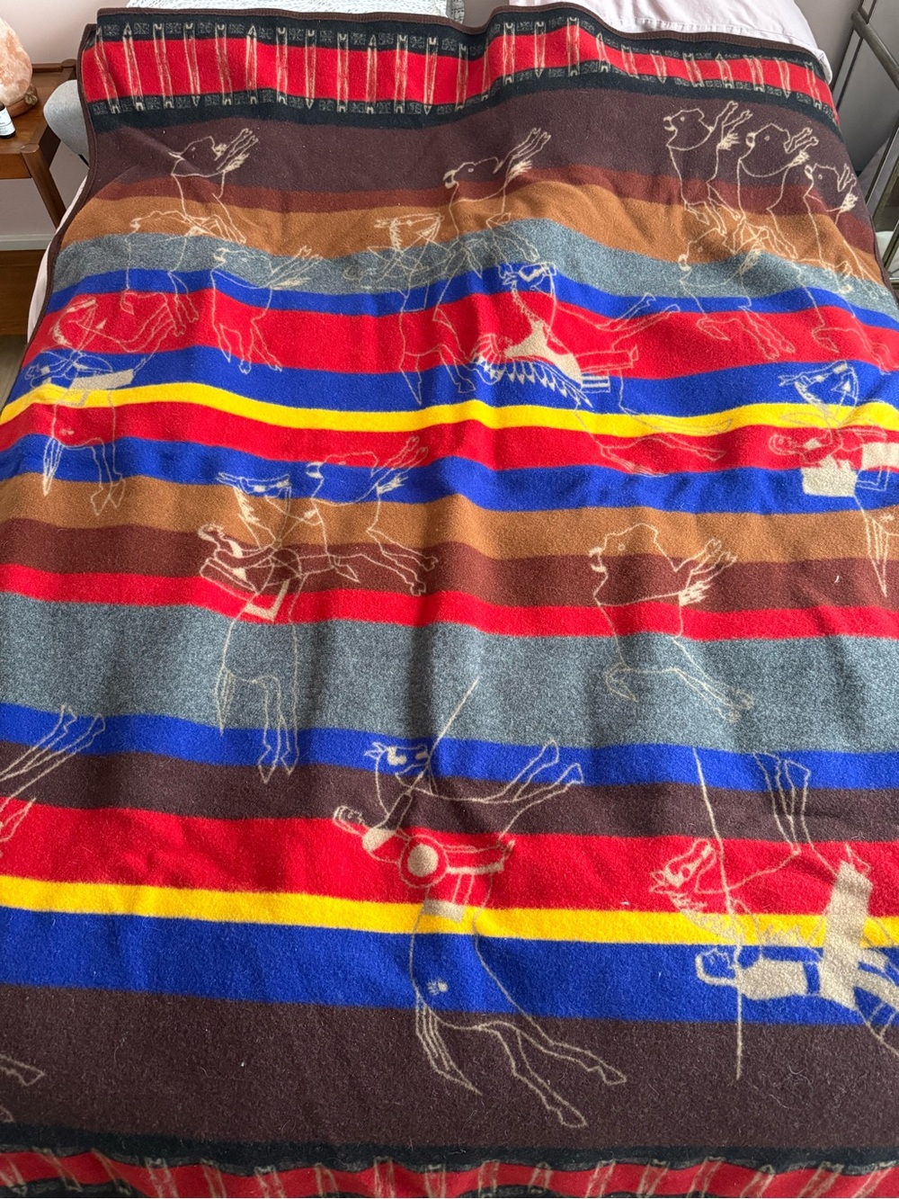 Vintage Pendleton Striped Multicolor Reversible Wool Blanket with Western Motif